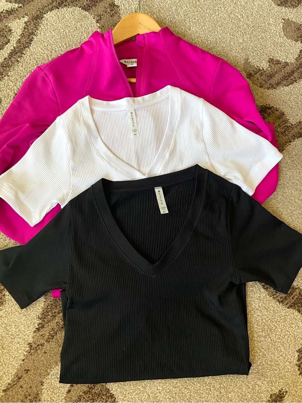 Athleta Ribbed V-Neck Tee and Zip Up Bundle Set — Black, White, Fuchsia, size XS
